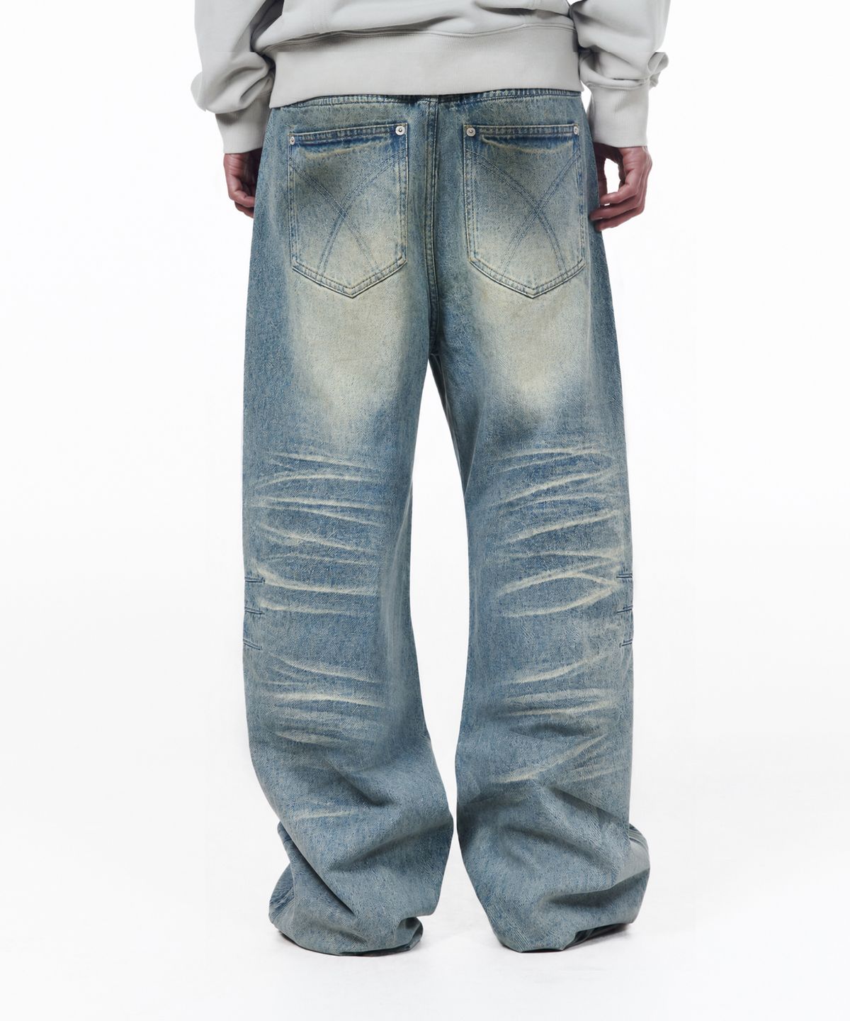 아캄(AAKAM) Washed Zipper Slit Denim Pants (Light Blue)