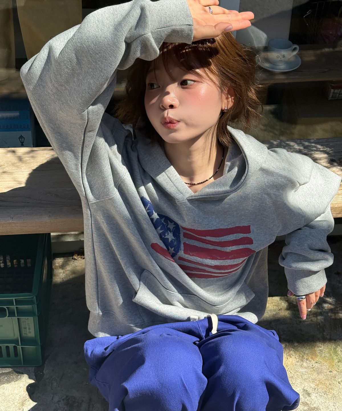 아모우(AMOU) USA Painted Hoodie GRAY