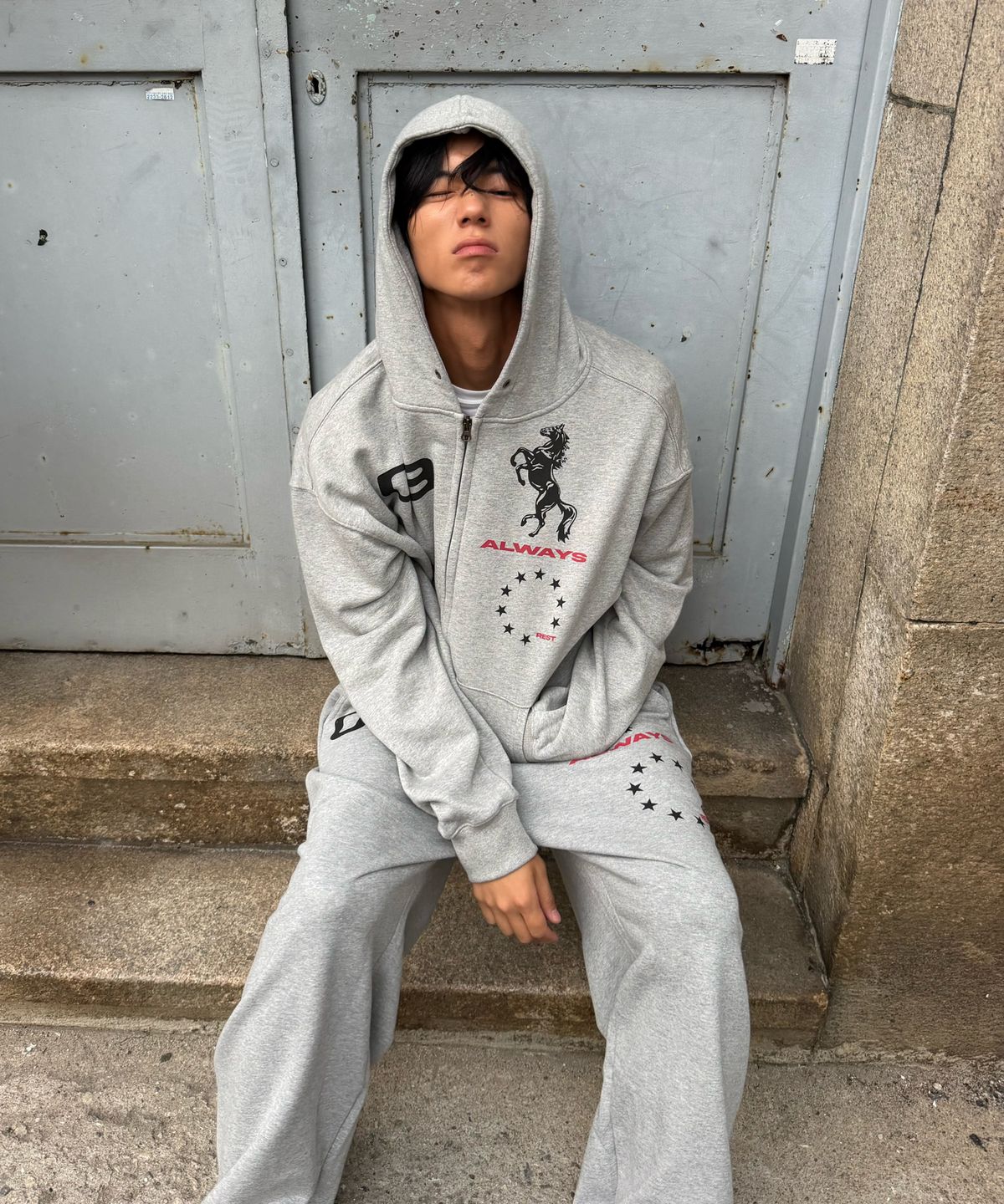 아모우(AMOU) AMOU Horse Hoodie Zip-up GRAY