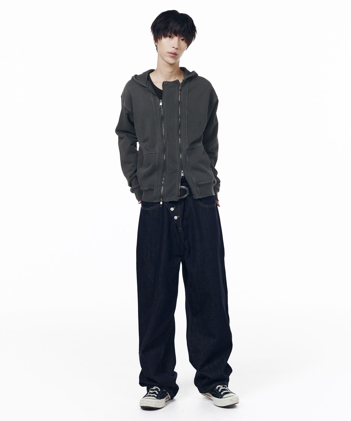 아캄(AAKAM) Double Zippered Zip-Up Hoodie (Dark Gray)