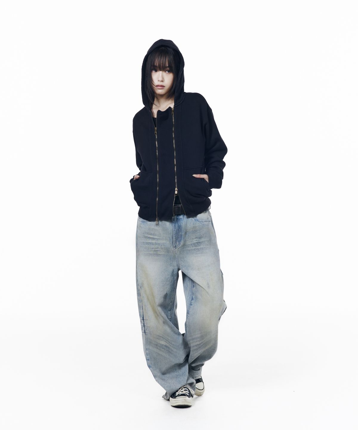 아캄(AAKAM) Double Zippered Zip-Up Hoodie (Black)