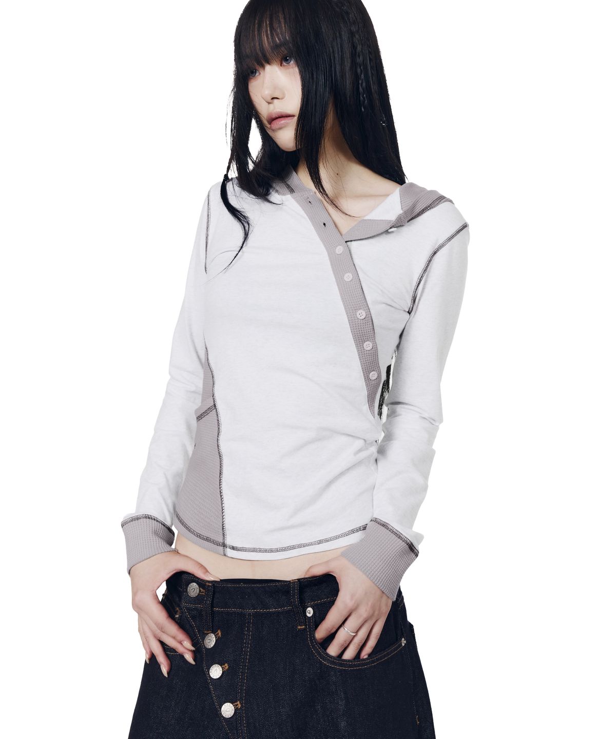 아캄(AAKAM) Slant Cut Hooded Long Sleeve (Light Gray)