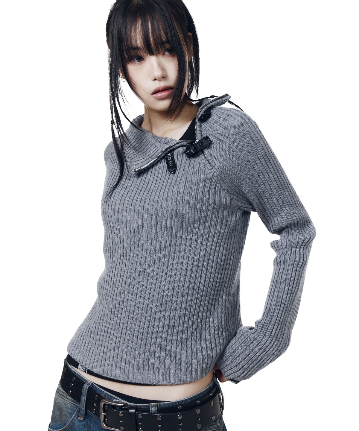아캄(AAKAM) Slant Zipper Belted Knit (Gray)