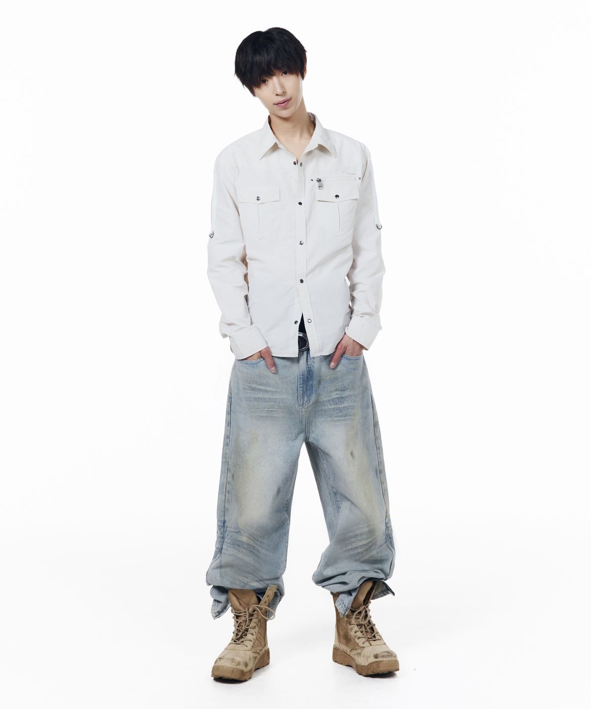 아캄(AAKAM) Roll-Up Nylon Safari Shirts (Light Beige)