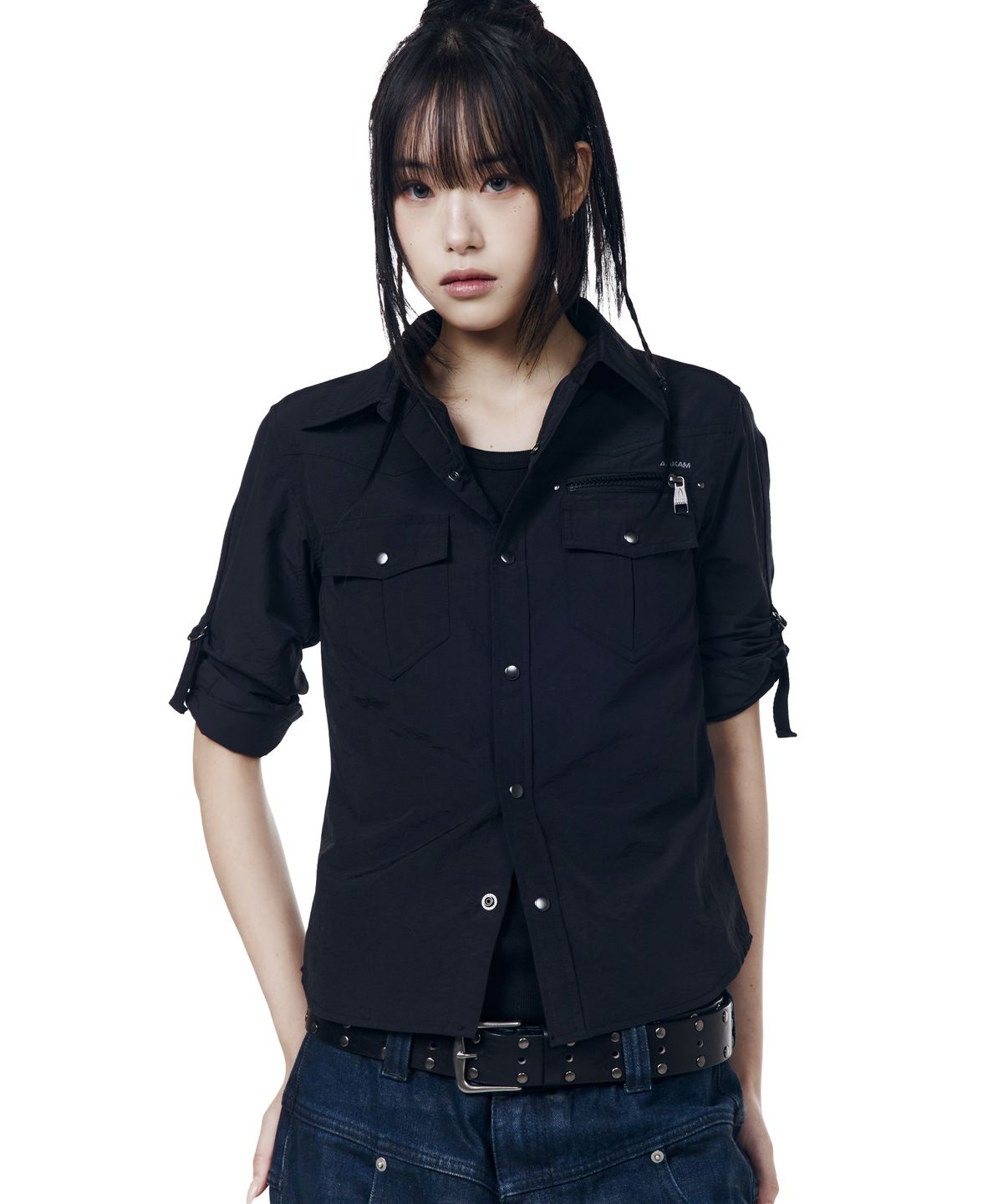 아캄(AAKAM) Roll-Up Nylon Safari Shirts (Black)
