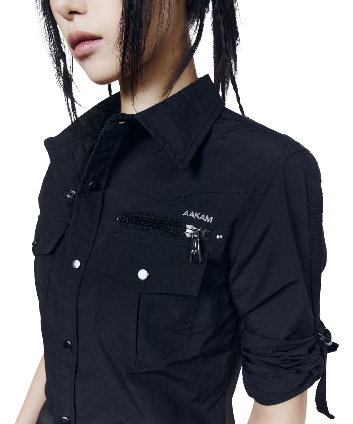 아캄(AAKAM) Roll-Up Nylon Safari Shirts (Black)