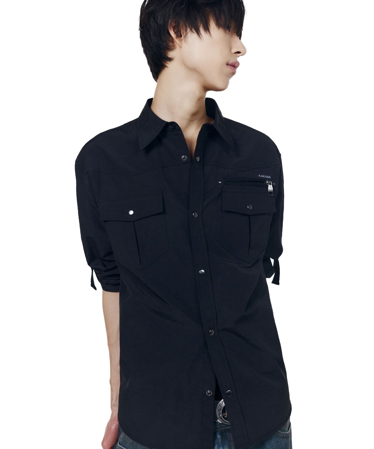 아캄(AAKAM) Roll-Up Nylon Safari Shirts (Black)