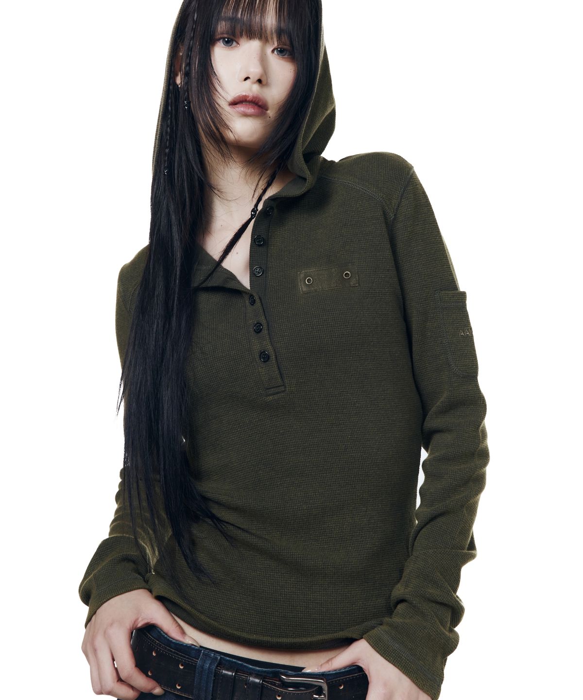 아캄(AAKAM) Bleach Washed Hooded Long Sleeve (Olive)