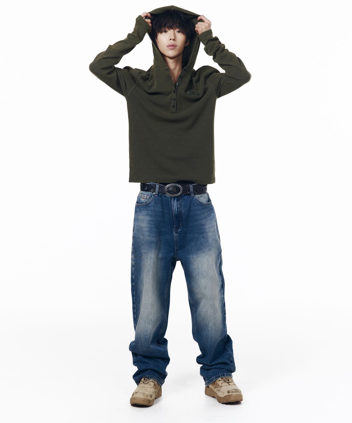 아캄(AAKAM) Bleach Washed Hooded Long Sleeve (Olive)