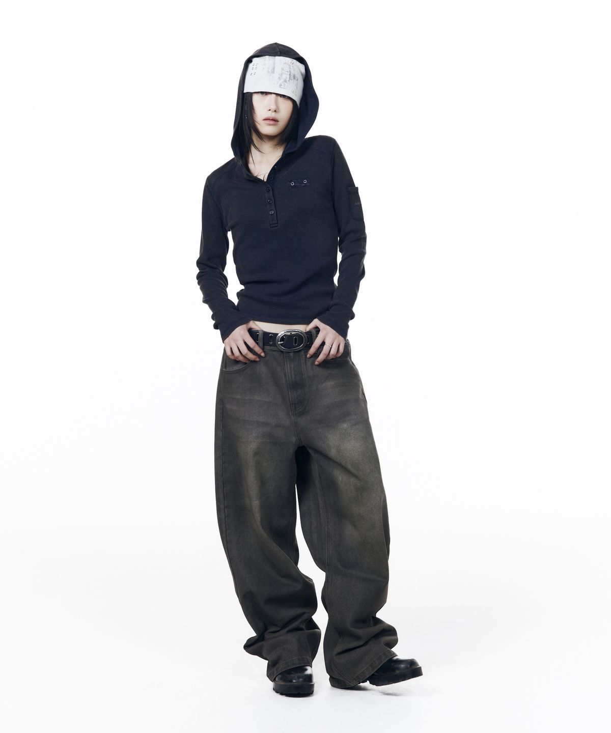아캄(AAKAM) Bleach Washed Hooded Long Sleeve (Navy)