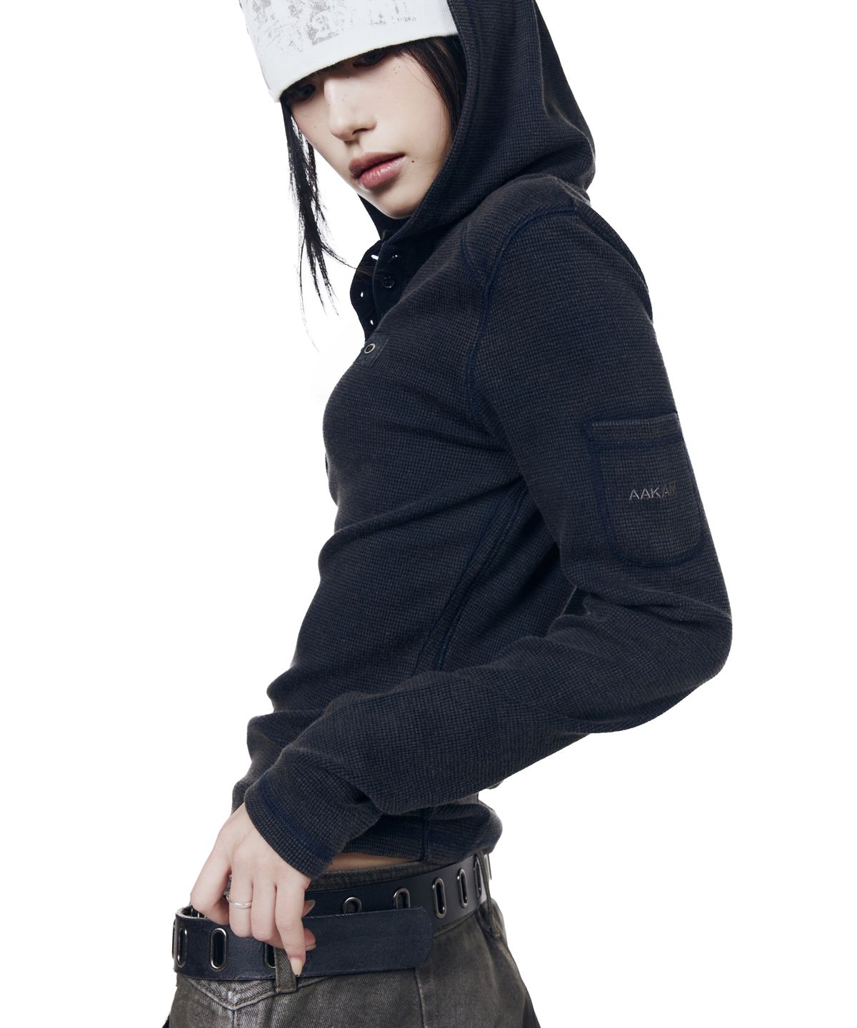 아캄(AAKAM) Bleach Washed Hooded Long Sleeve (Navy)