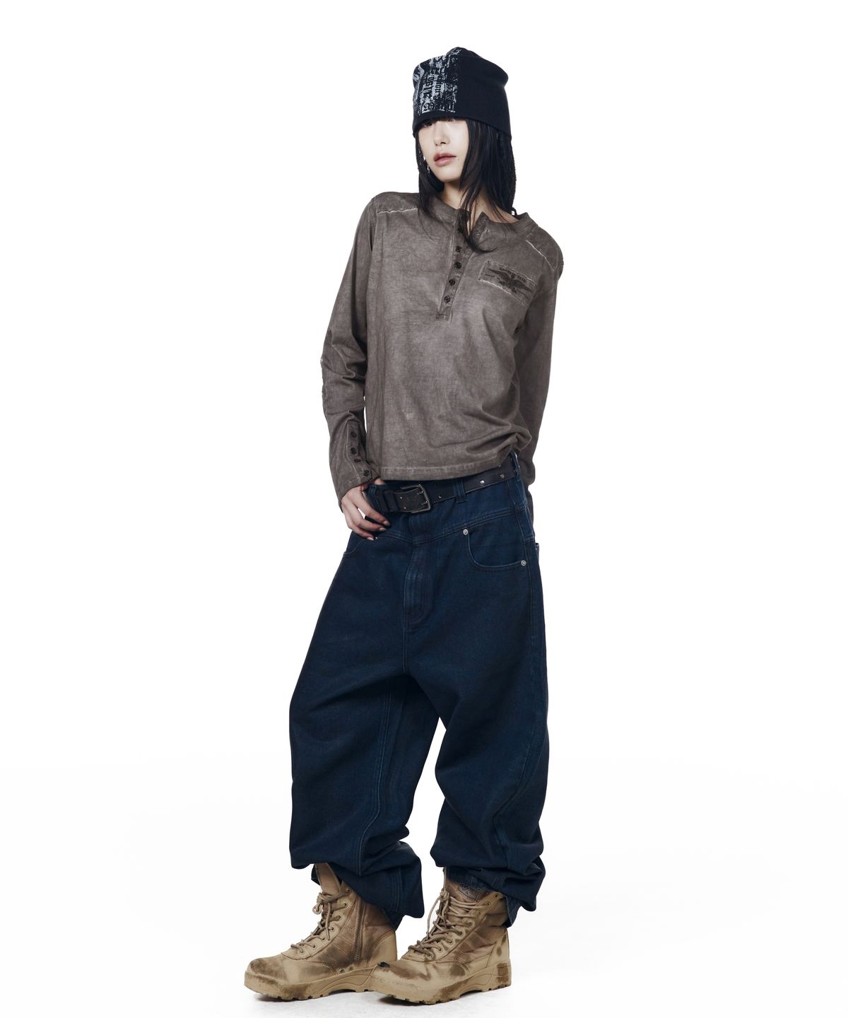 아캄(AAKAM) Military Dyed Henry Neck Long Sleeve (Dark Purple)
