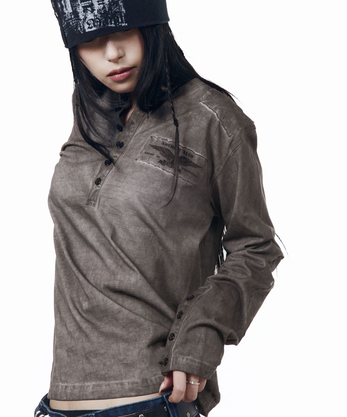 아캄(AAKAM) Military Dyed Henry Neck Long Sleeve (Dark Purple)