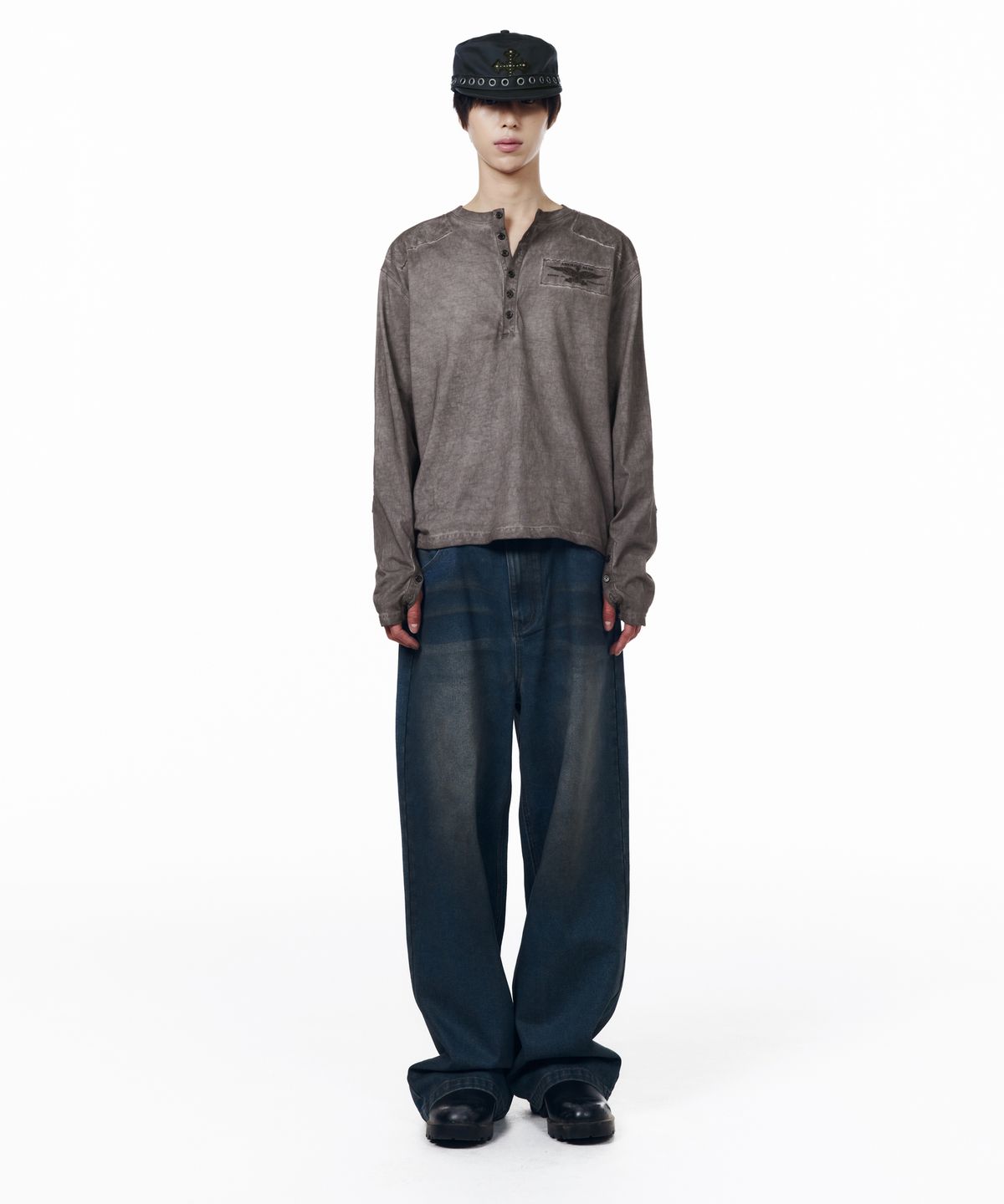 아캄(AAKAM) Military Dyed Henry Neck Long Sleeve (Dark Purple)