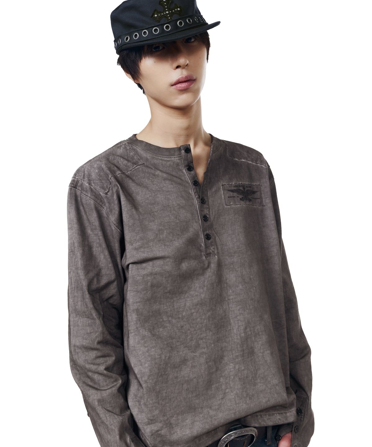 아캄(AAKAM) Military Dyed Henry Neck Long Sleeve (Dark Purple)