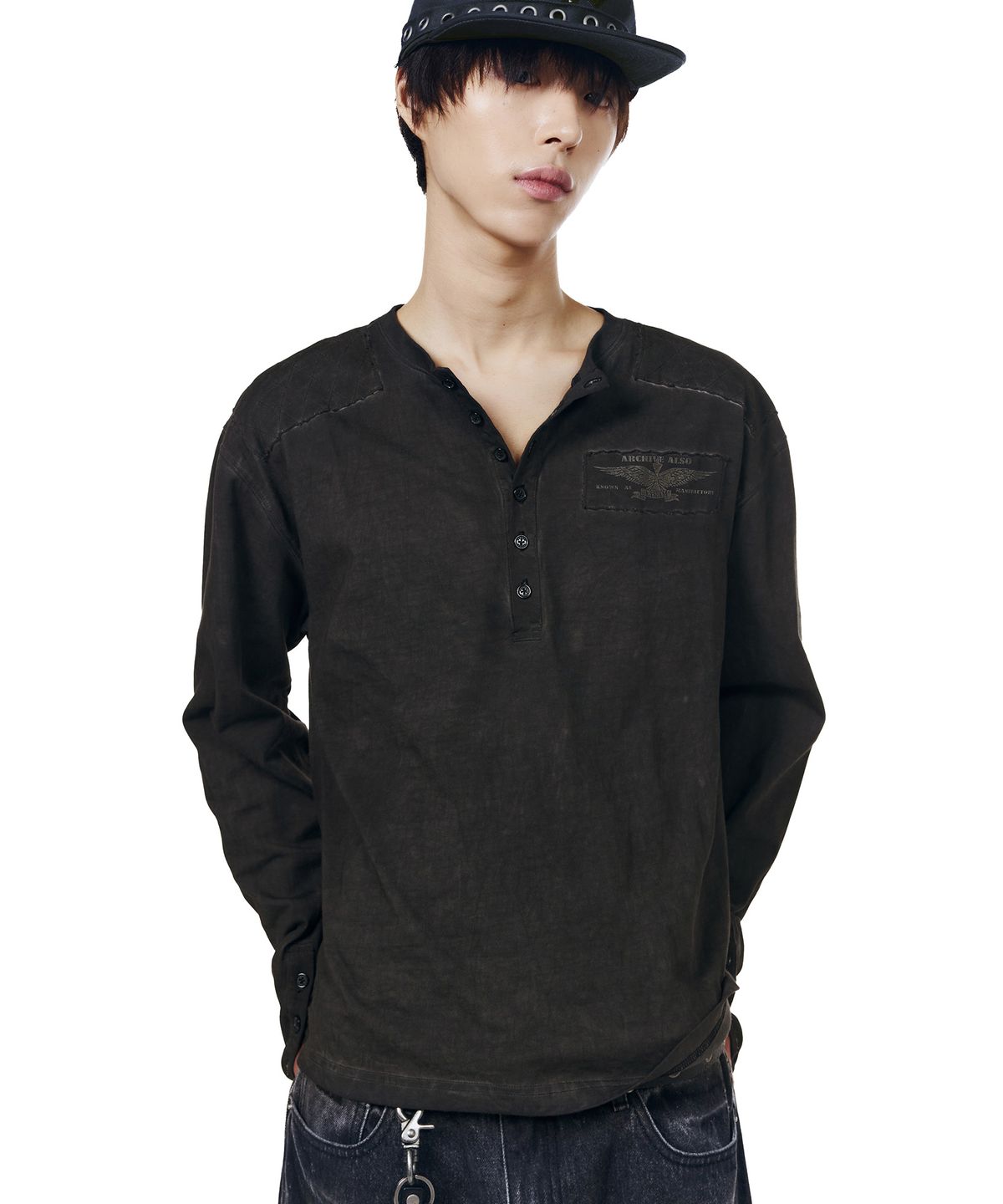 아캄(AAKAM) Military Dyed Henry Neck Long Sleeve (Black)