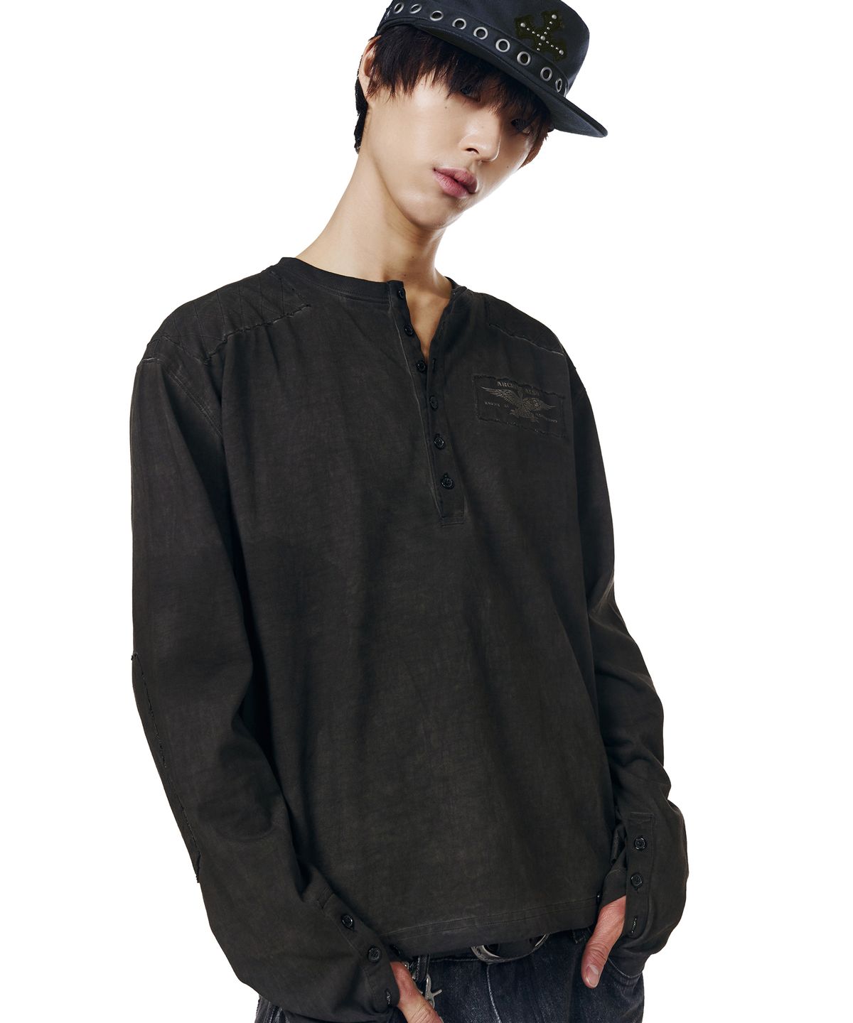 아캄(AAKAM) Military Dyed Henry Neck Long Sleeve (Black)