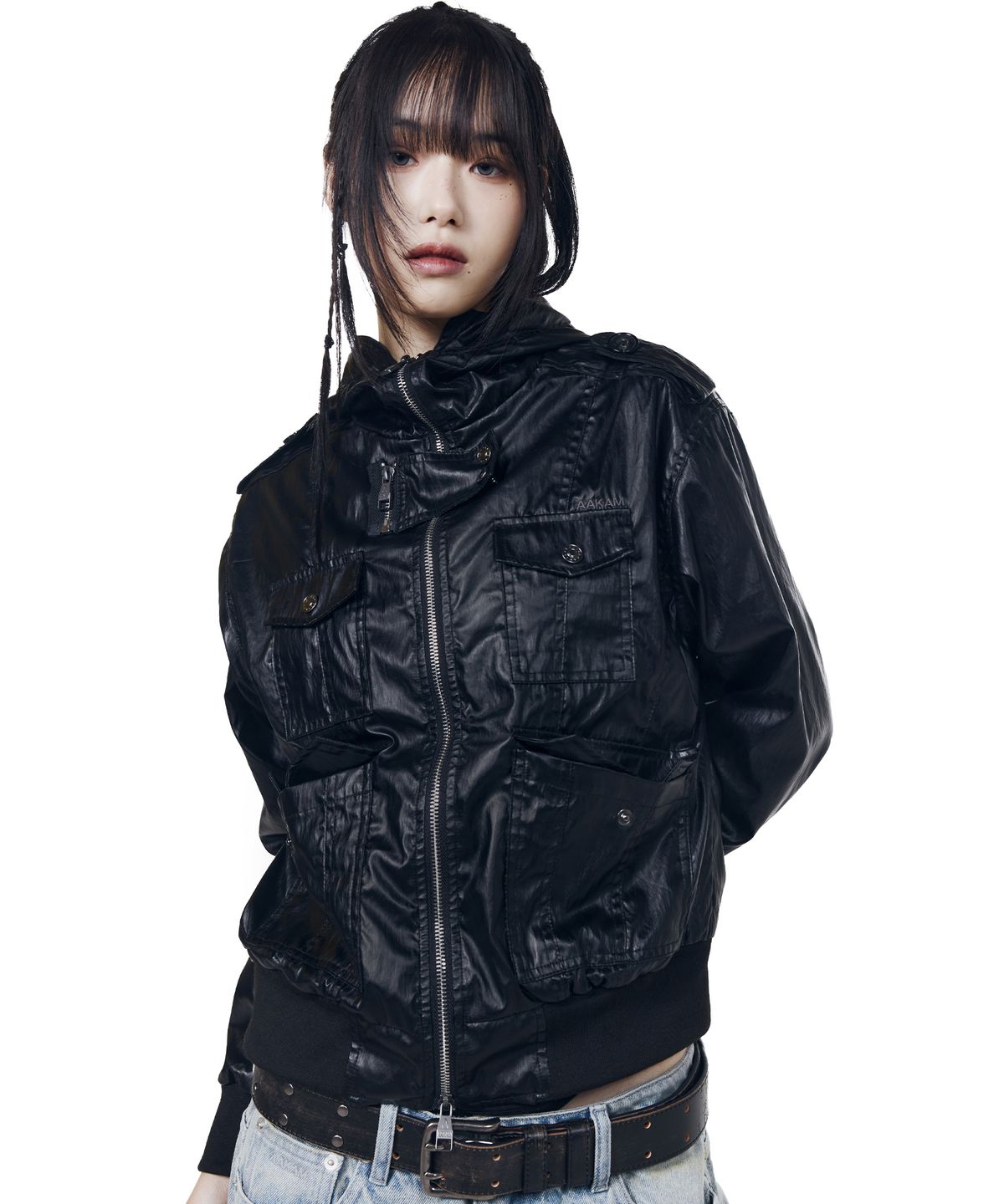 아캄(AAKAM) Coated Pocket Hooded Jacket (Black)