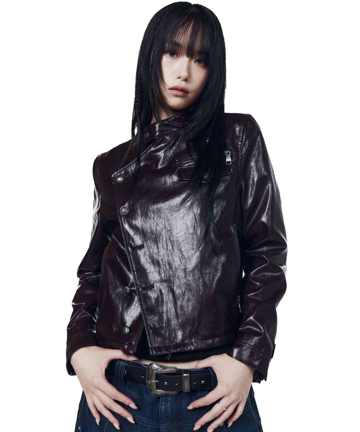 아캄(AAKAM) Slant Studded Leather Jacket (Burgundy)