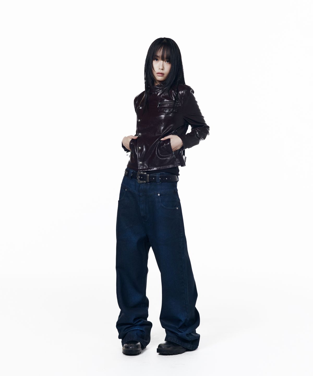 아캄(AAKAM) Slant Studded Leather Jacket (Burgundy)