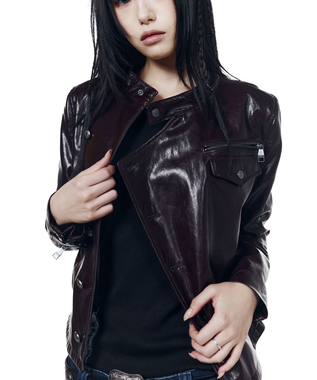 아캄(AAKAM) Slant Studded Leather Jacket (Burgundy)