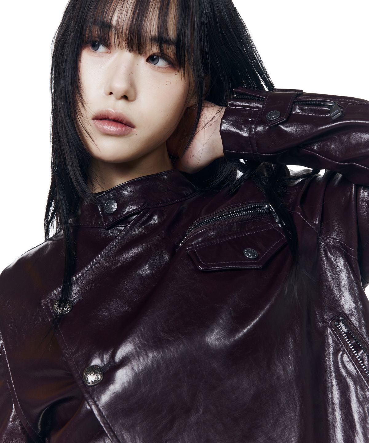 아캄(AAKAM) Slant Studded Leather Jacket (Burgundy)