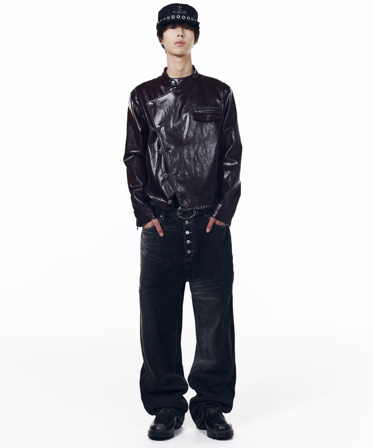 아캄(AAKAM) Slant Studded Leather Jacket (Burgundy)
