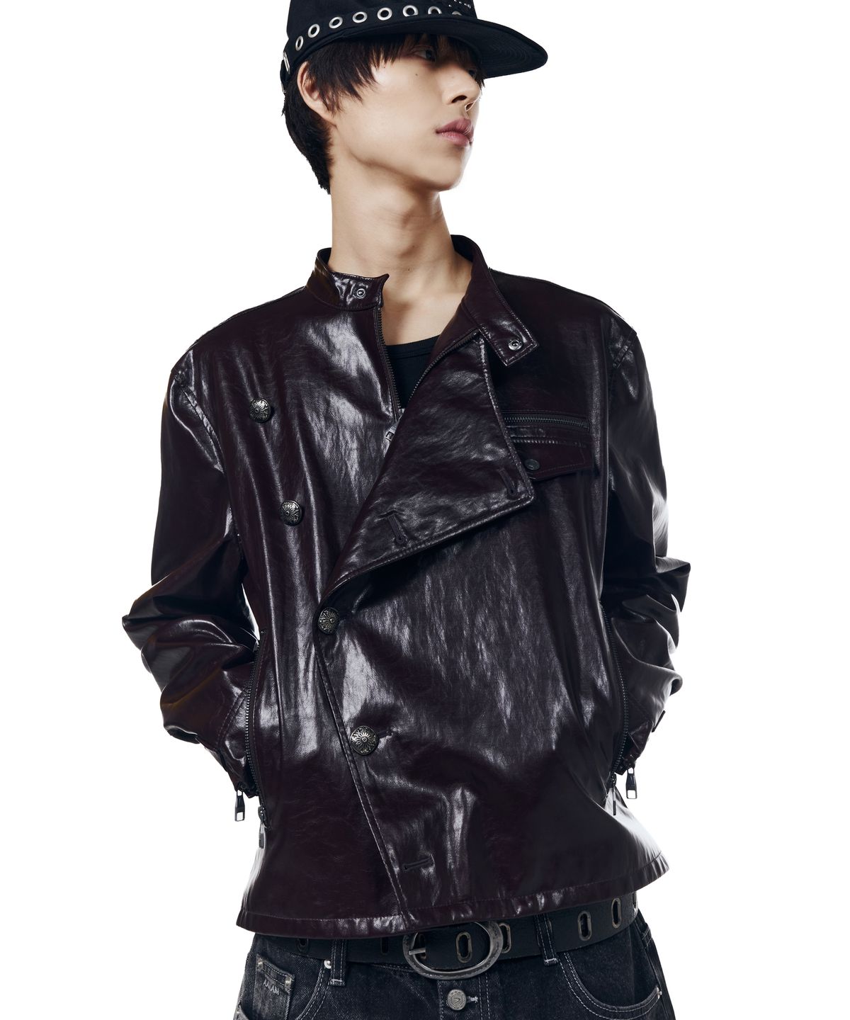 아캄(AAKAM) Slant Studded Leather Jacket (Burgundy)
