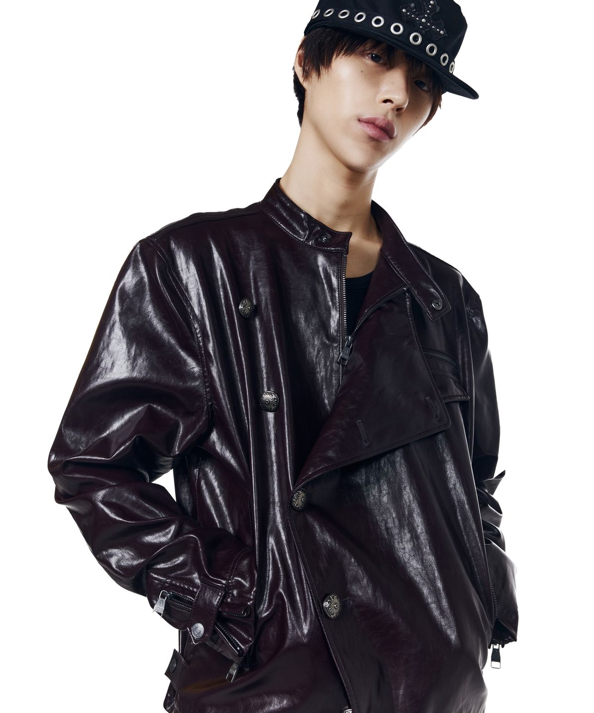 아캄(AAKAM) Slant Studded Leather Jacket (Burgundy)