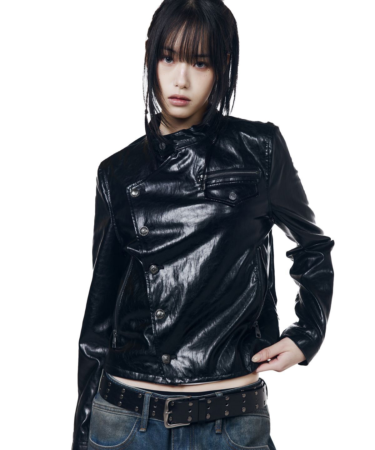 아캄(AAKAM) Slant Studded Leather Jacket (Black)