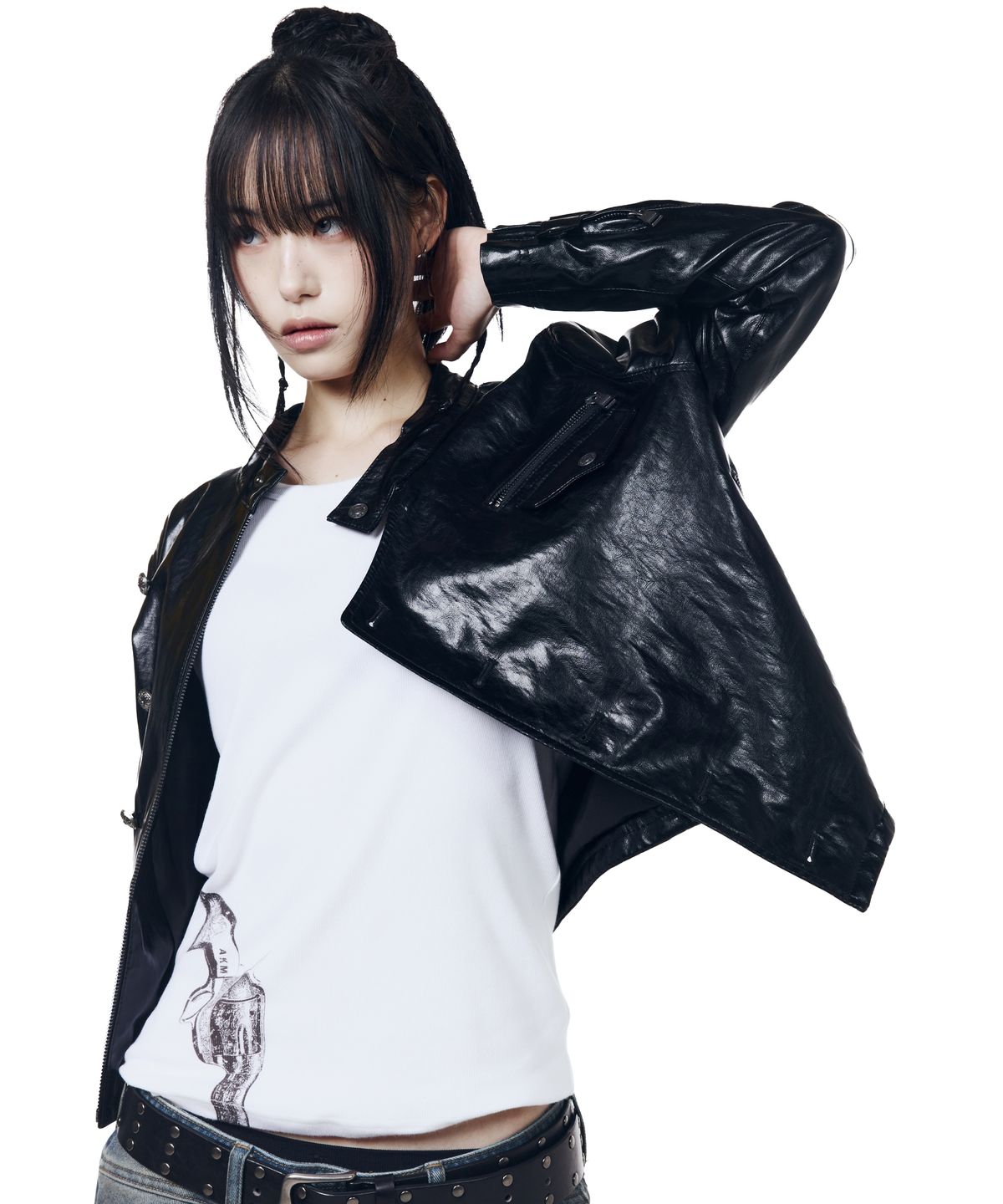 아캄(AAKAM) Slant Studded Leather Jacket (Black)