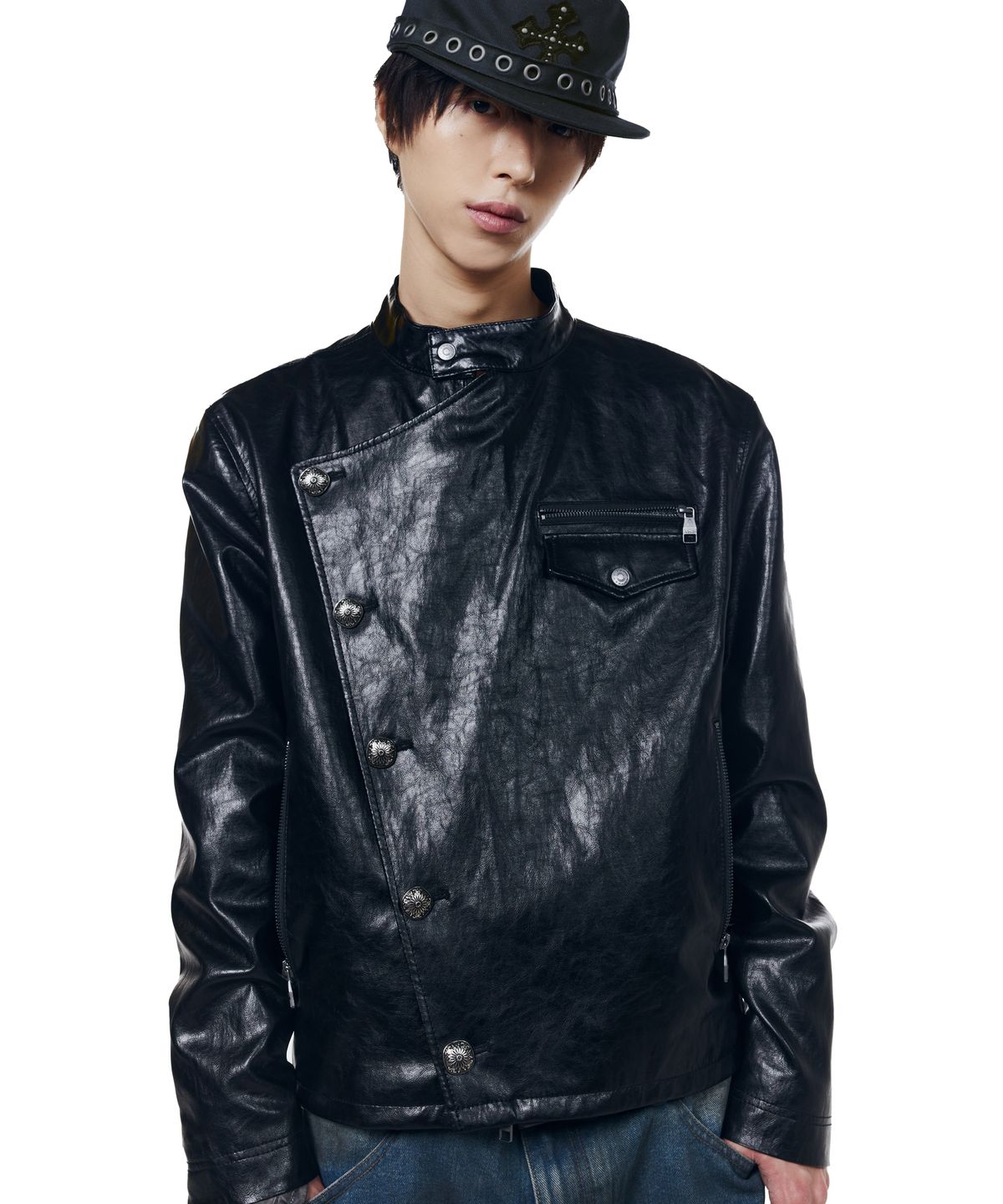 아캄(AAKAM) Slant Studded Leather Jacket (Black)
