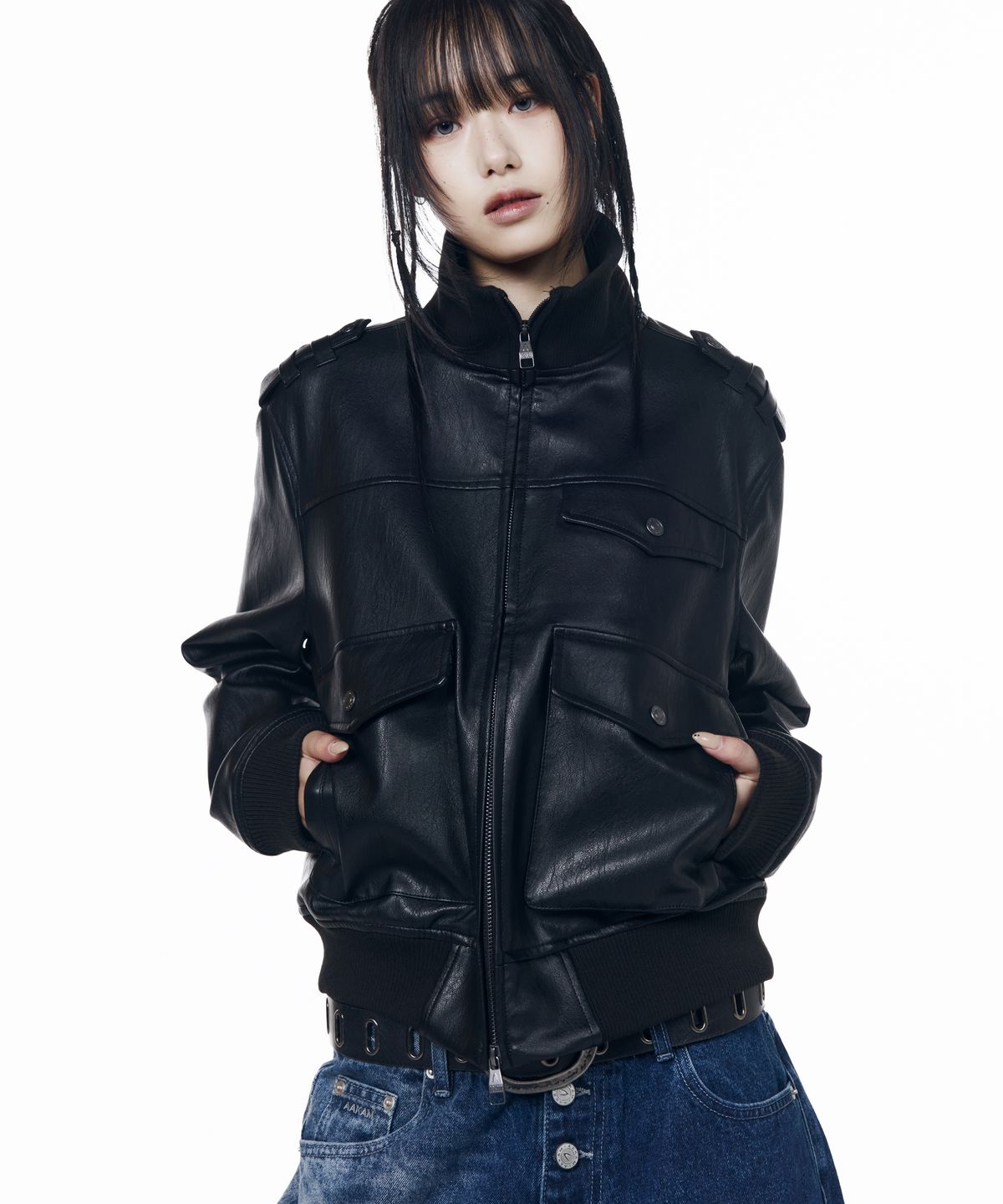 아캄(AAKAM) High Neck Flight Leather Jacket (Black)