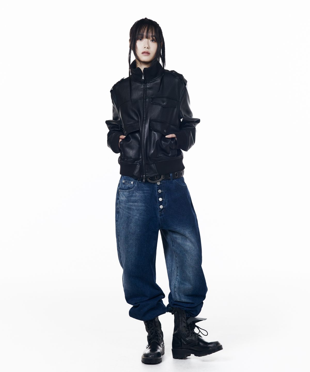 아캄(AAKAM) High Neck Flight Leather Jacket (Black)