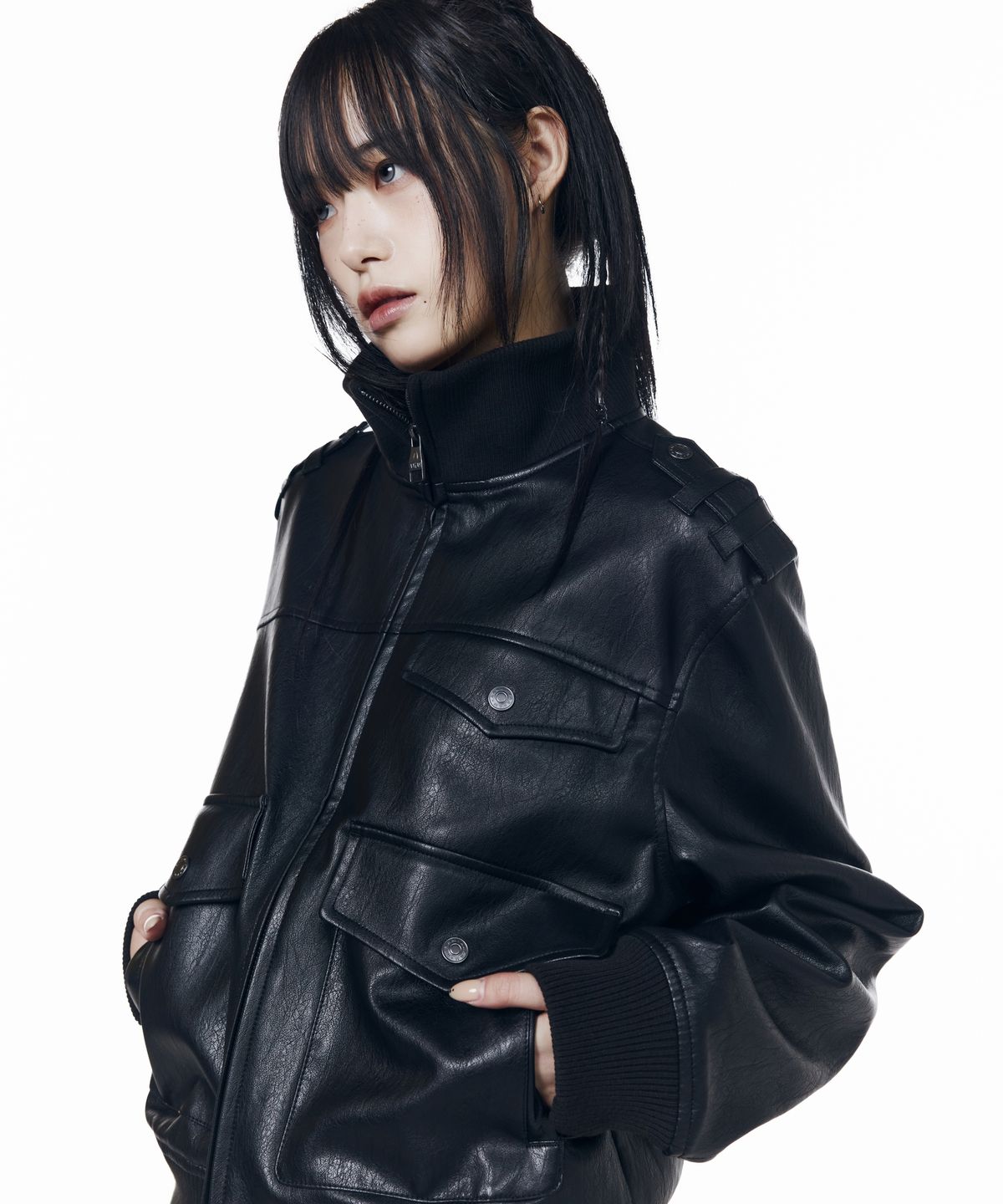 아캄(AAKAM) High Neck Flight Leather Jacket (Black)