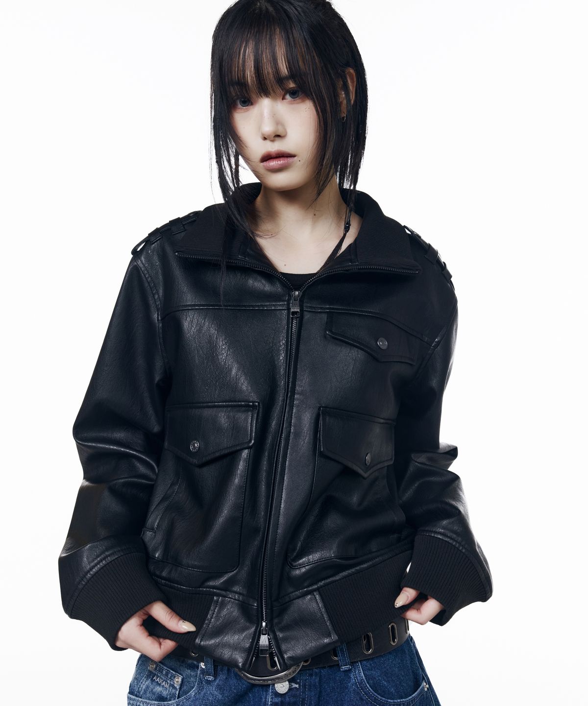 아캄(AAKAM) High Neck Flight Leather Jacket (Black)