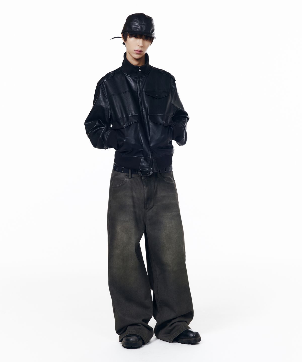 아캄(AAKAM) High Neck Flight Leather Jacket (Black)