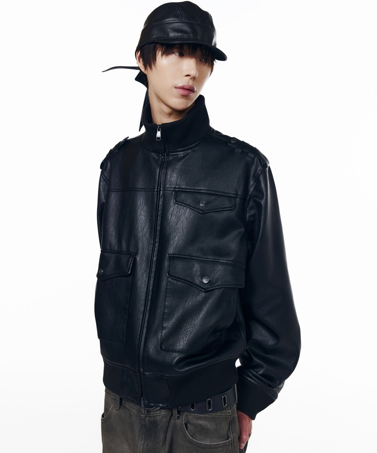 아캄(AAKAM) High Neck Flight Leather Jacket (Black)