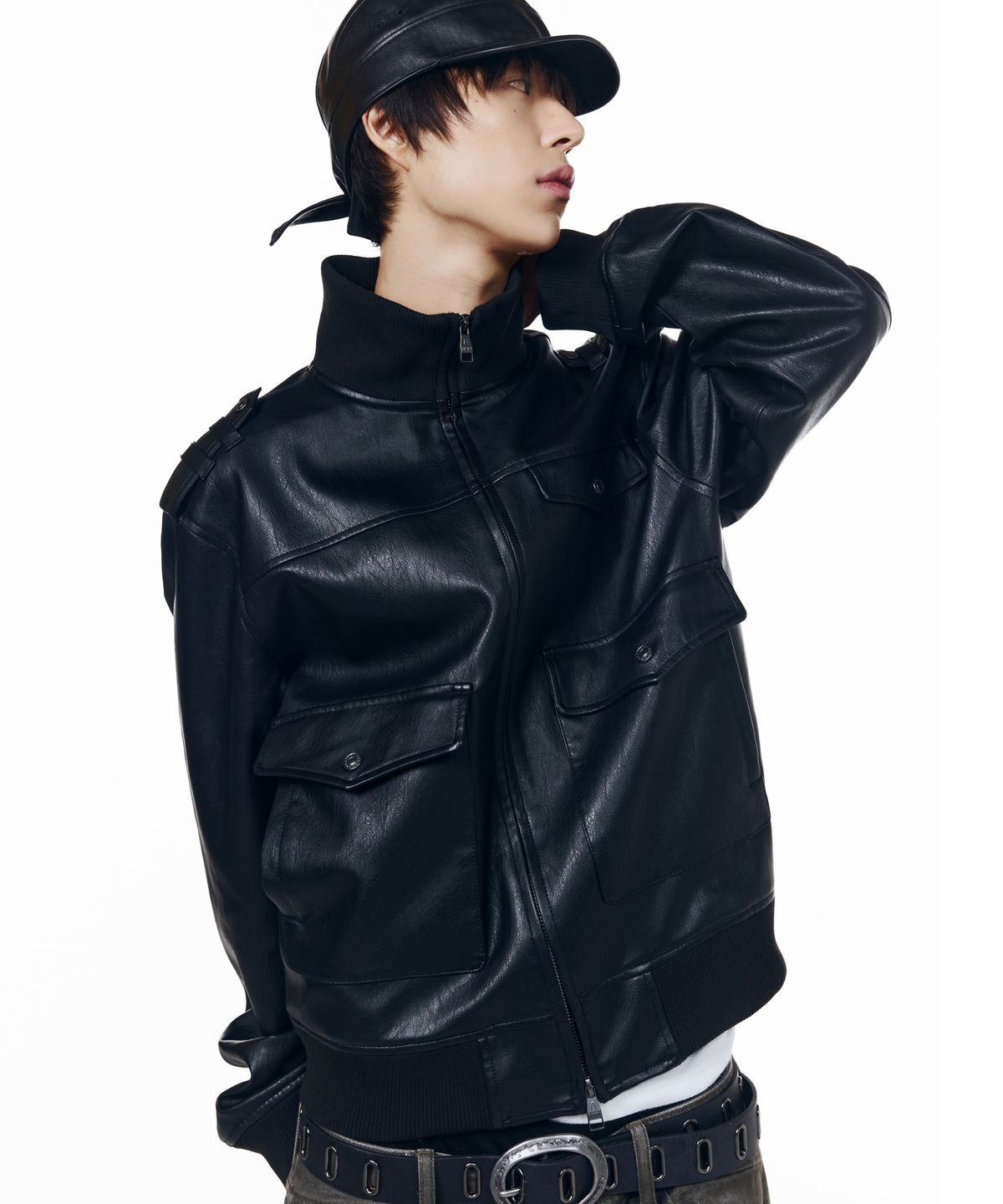 아캄(AAKAM) High Neck Flight Leather Jacket (Black)