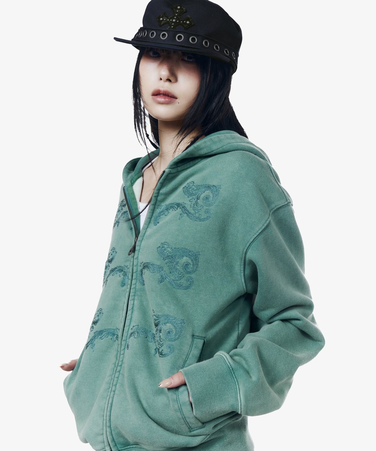 아캄(AAKAM) Napoleon Corded Zip-Up Hoodie (Teal)