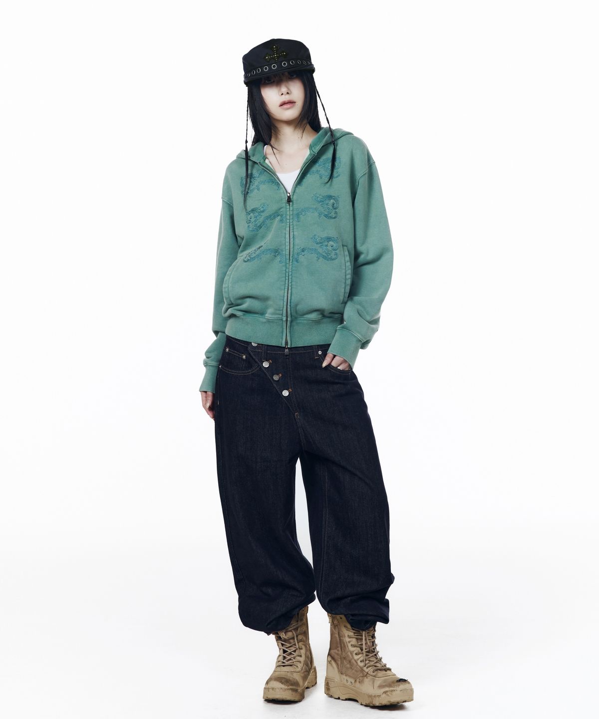 아캄(AAKAM) Napoleon Corded Zip-Up Hoodie (Teal)
