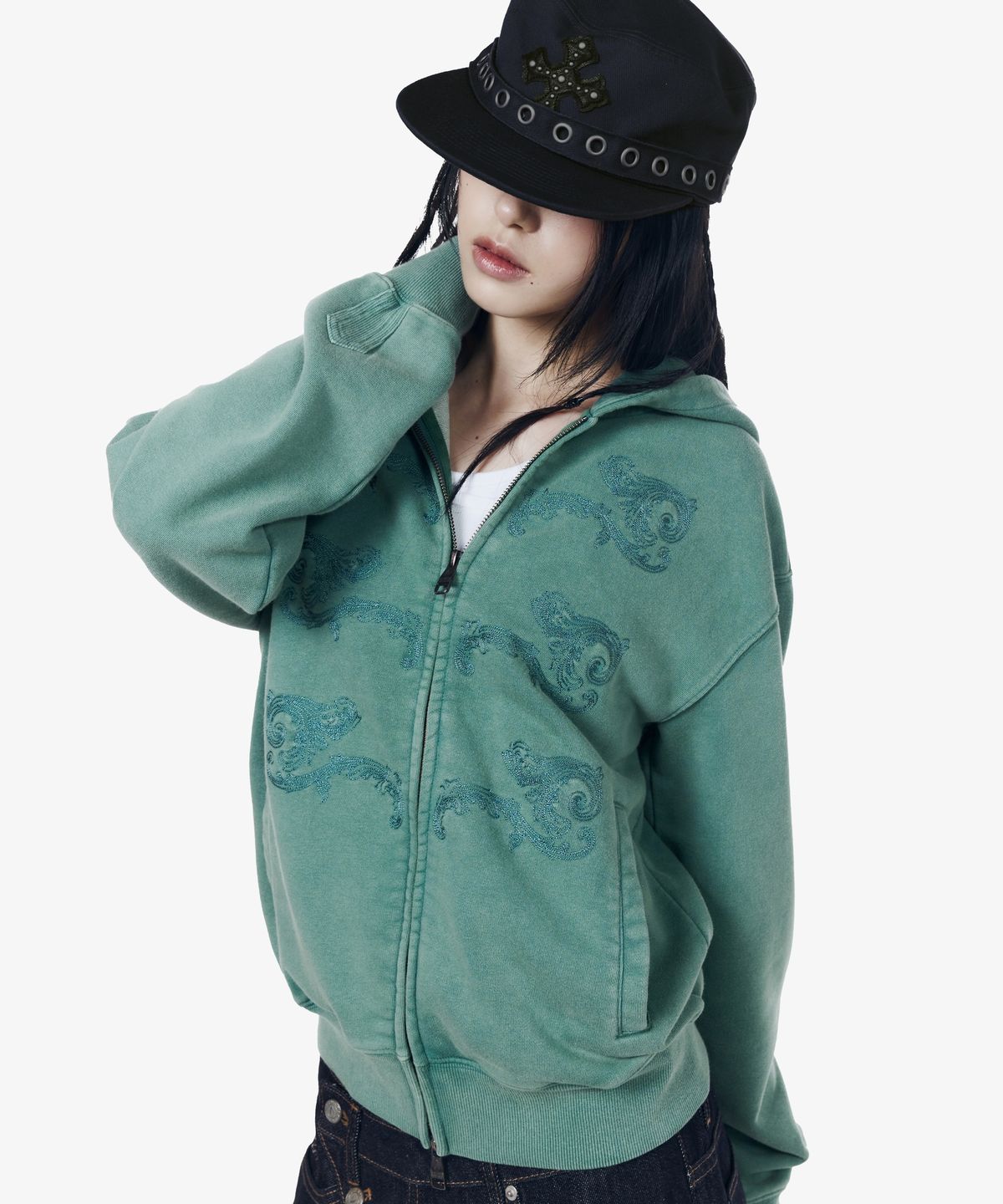아캄(AAKAM) Napoleon Corded Zip-Up Hoodie (Teal)