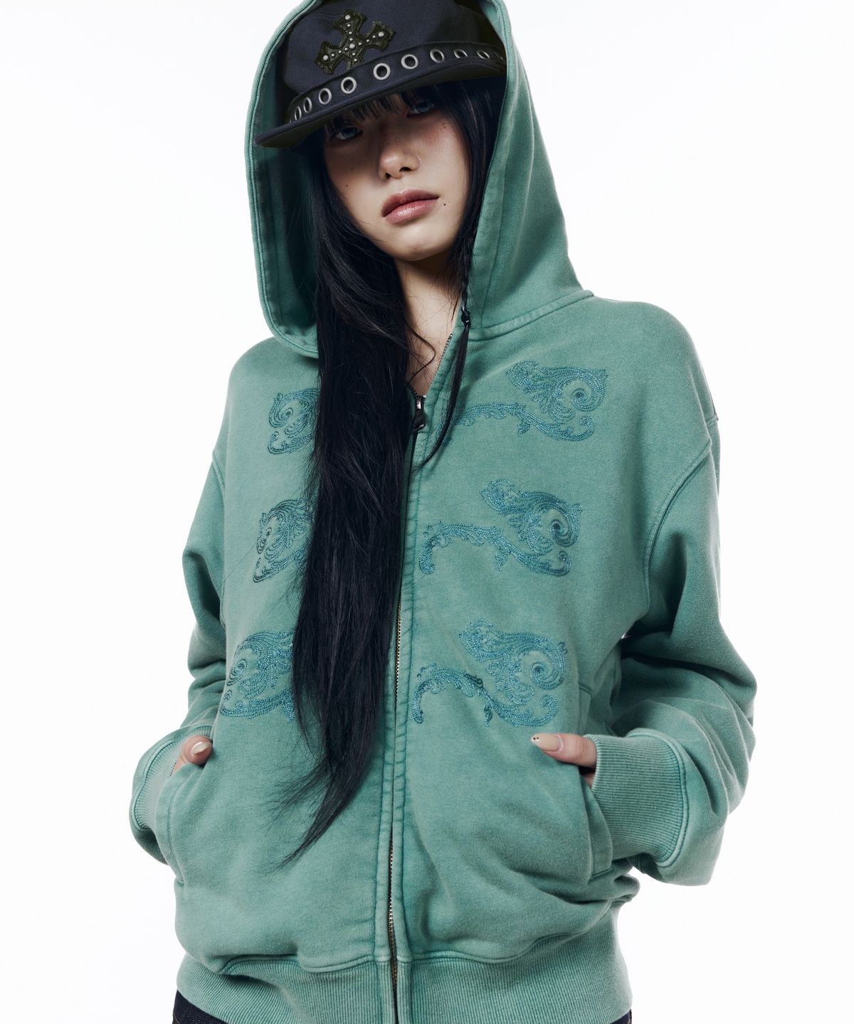 아캄(AAKAM) Napoleon Corded Zip-Up Hoodie (Teal)