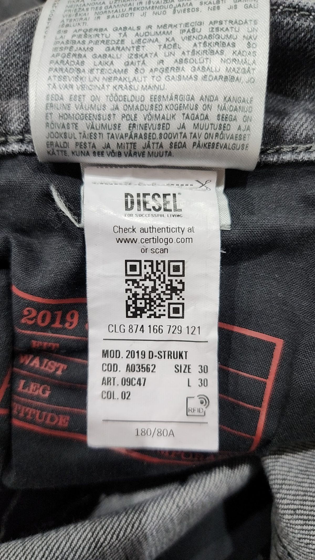 디젤(DIESEL) 남성 2019 D 스트럭 데님 팬츠 - 다크 그레이  / A0356209E9402SS23 30