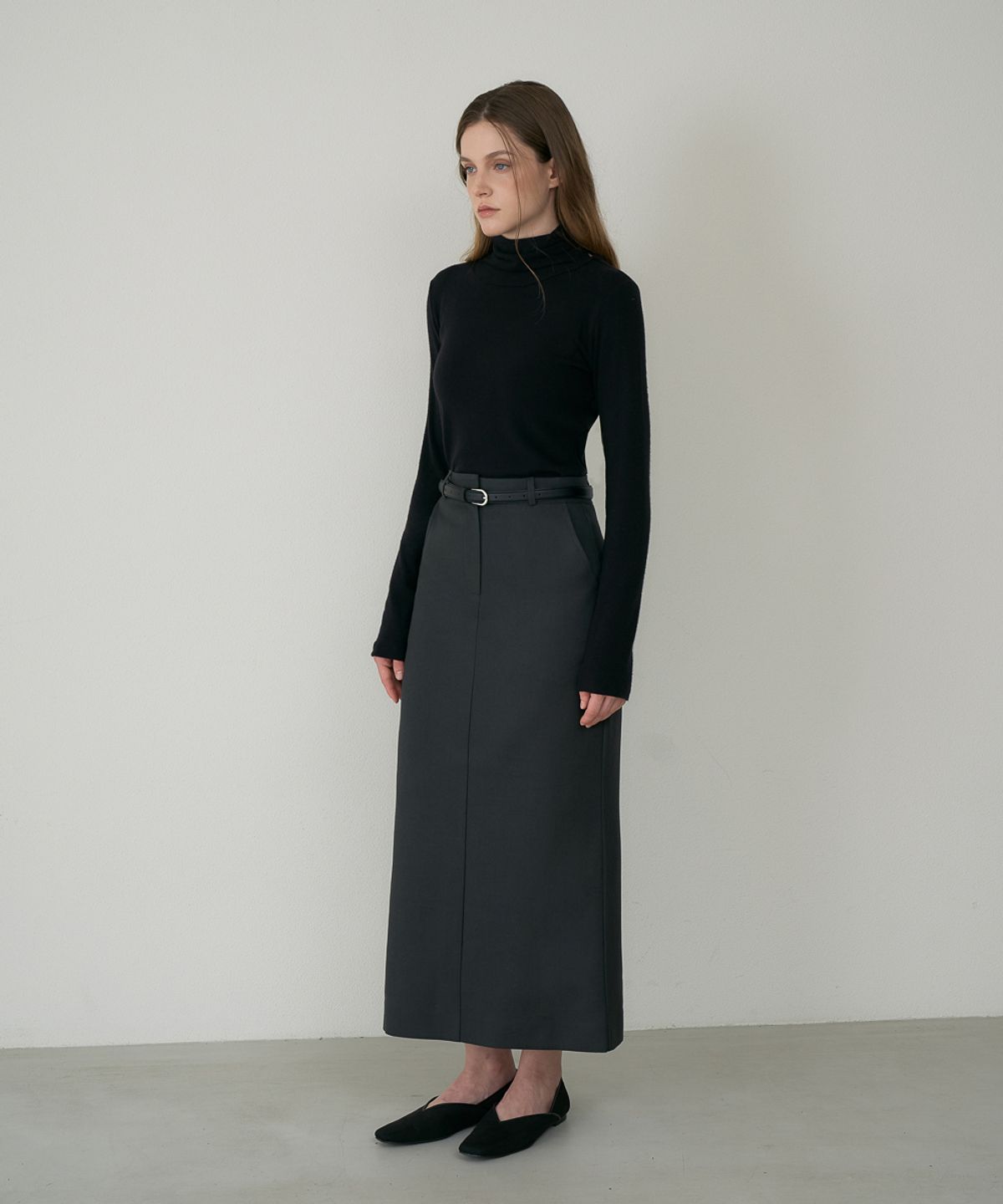 드헤베(DEHEVE) Wool Slim Long Skirt [Charcoal]