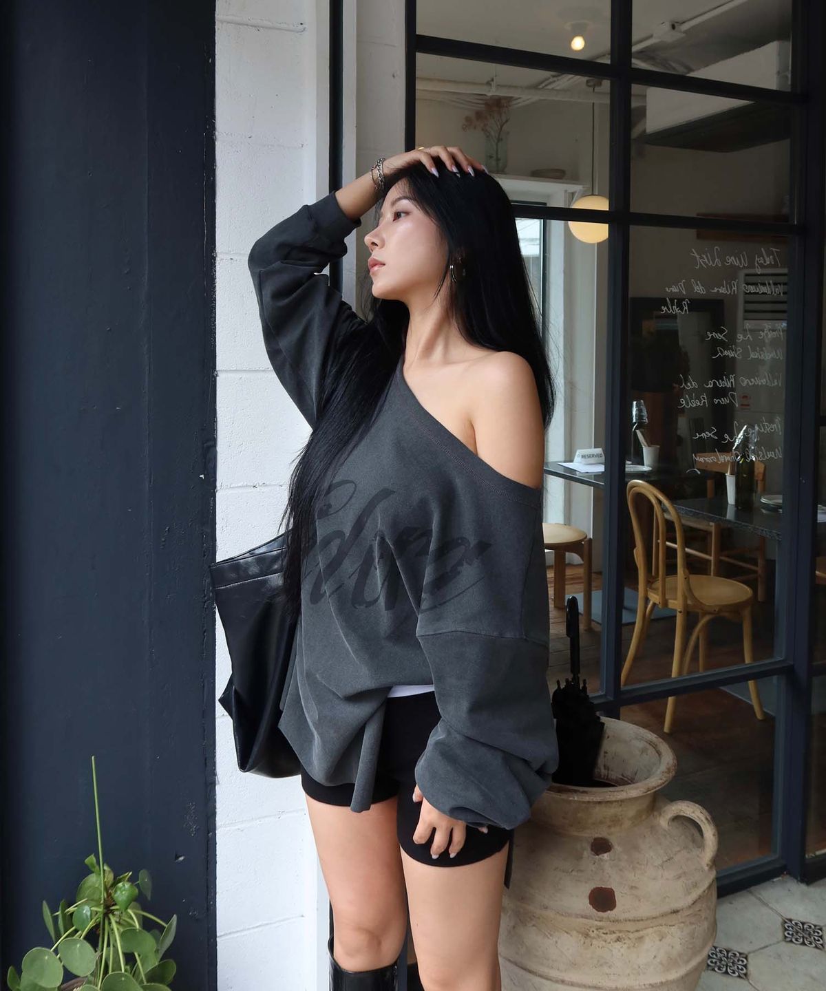 시데라(SIDERA) Dune Washed Shoulder Sweat [Deep Gray]