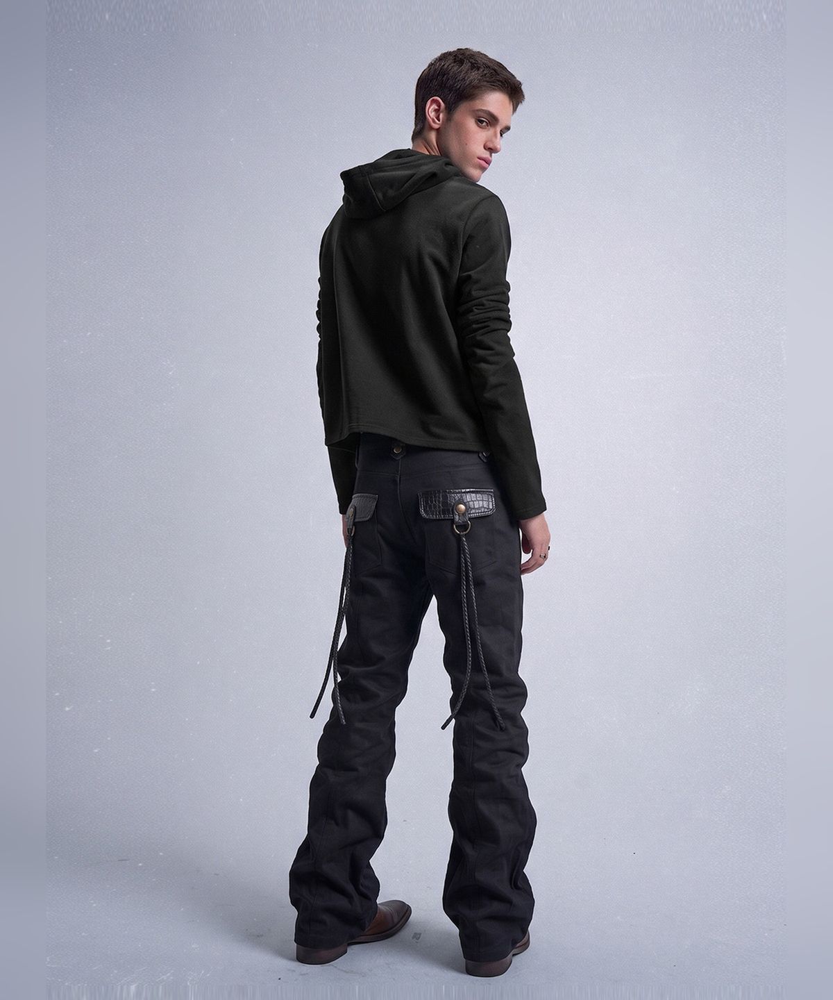 043Y(043Y) Leather Trim D-Ring Flared Pants