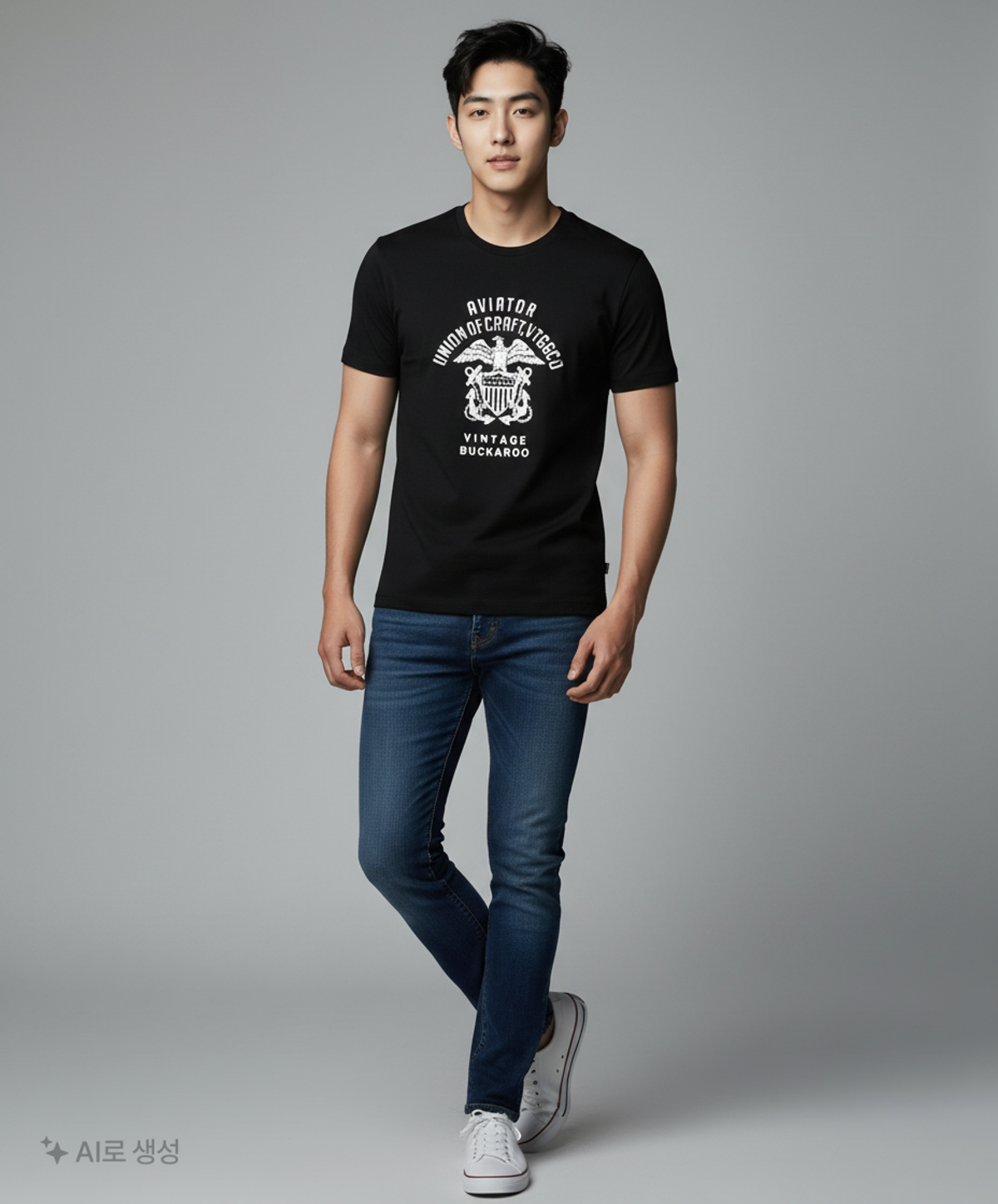 버커루(BUCKAROO) 20수 싱글 스탠다드핏 빈티지 아트웍 TS(B242TS040P) 블랙 L