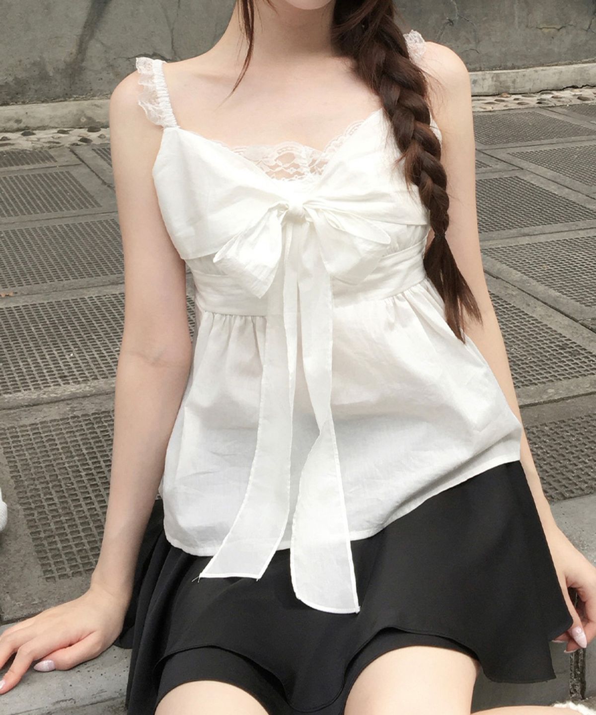 위스페어리(WHISFAIRY) Summer Lace Ribbon Blouse - WHITE
