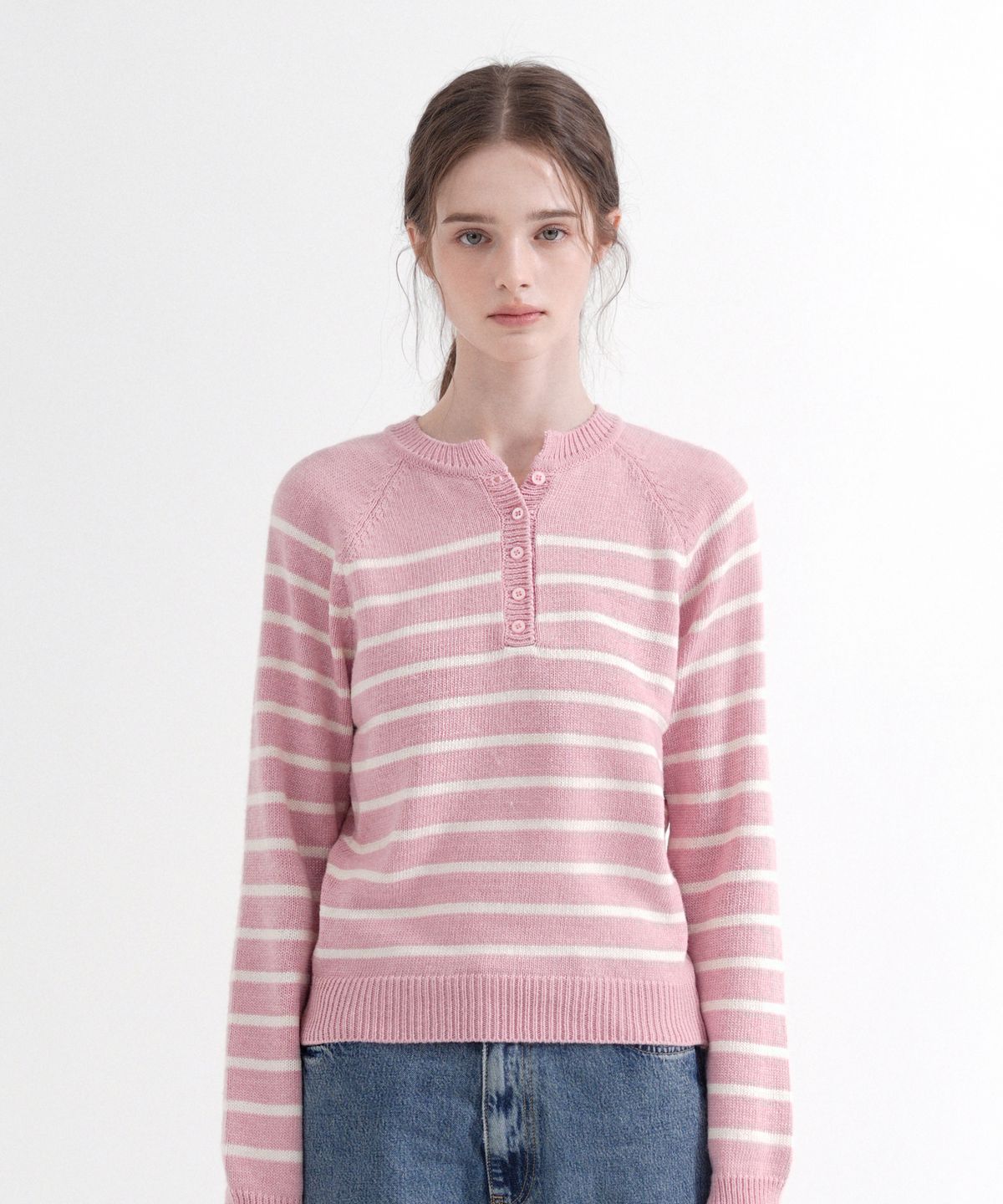 블레티(VLETI) Round Stripe Button Knit (Pink)